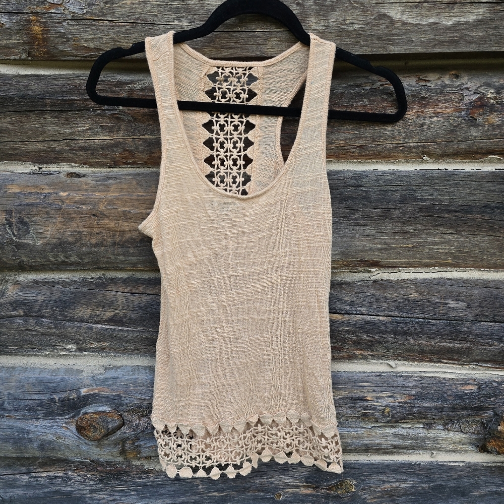 Active USA Women's Beige Lace Accent Tank Top, Size Small